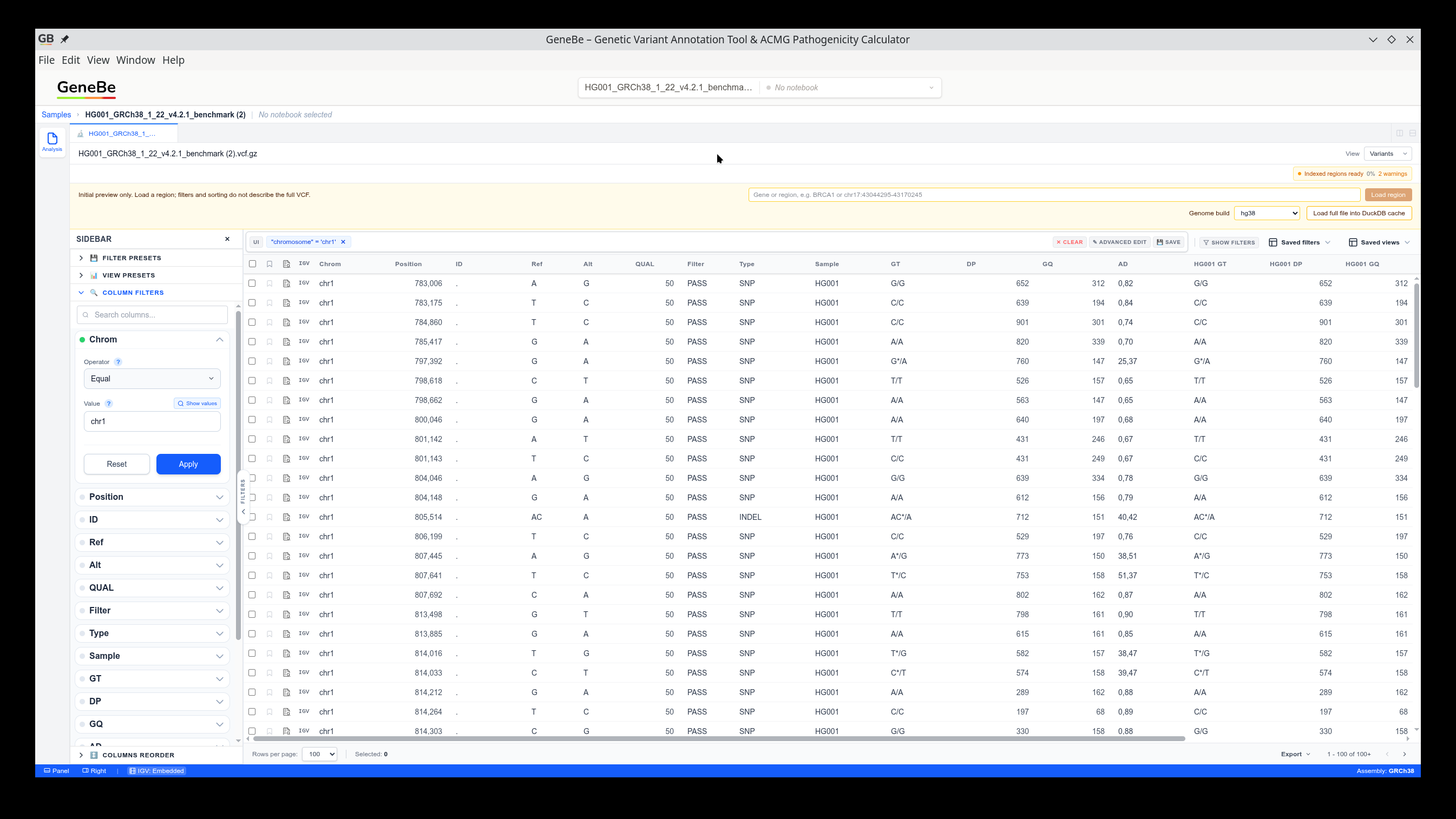 GeneBe Desktop VCF viewer with filter sidebar