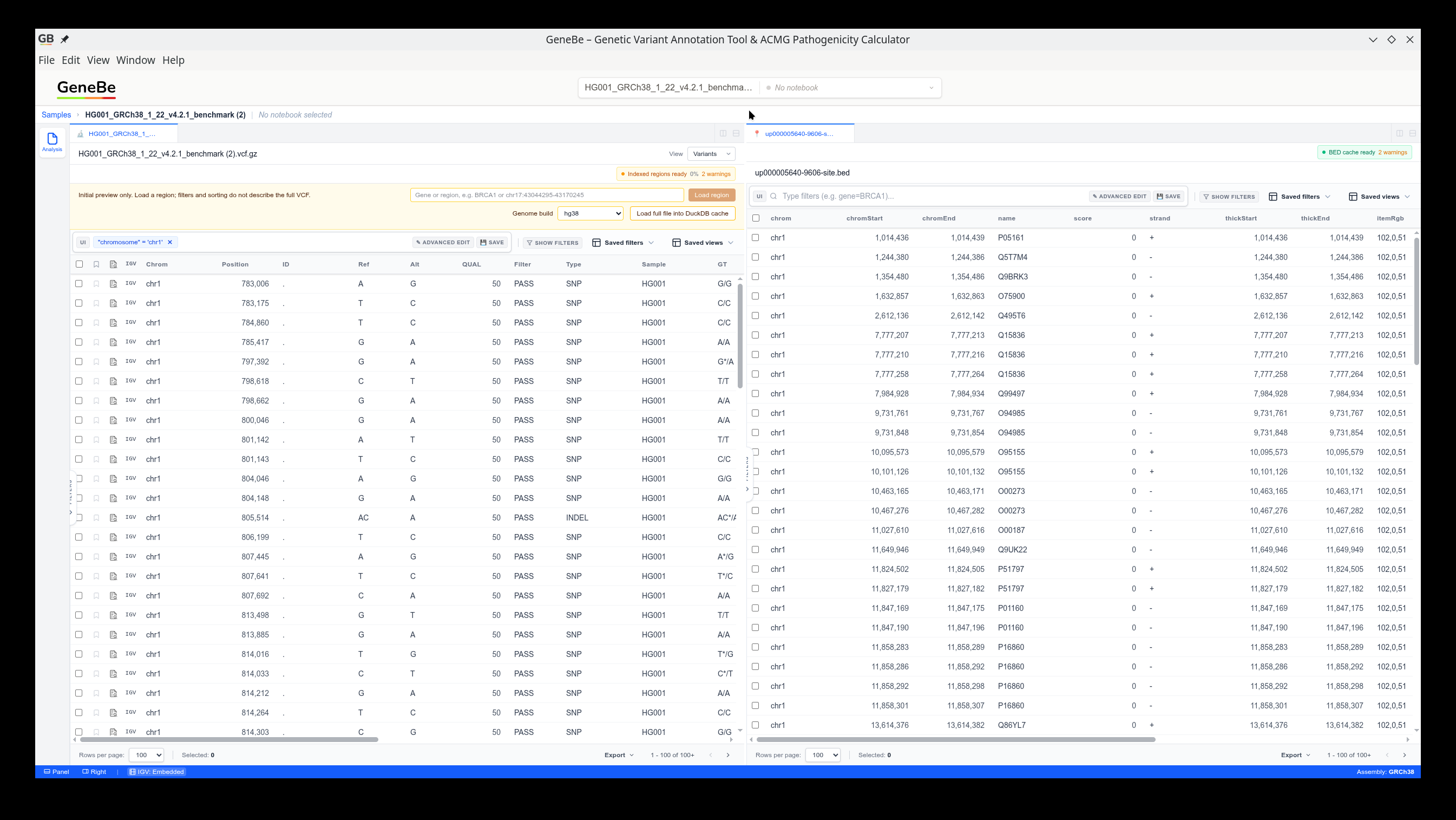 GeneBe Desktop with VCF and BED files open side by side