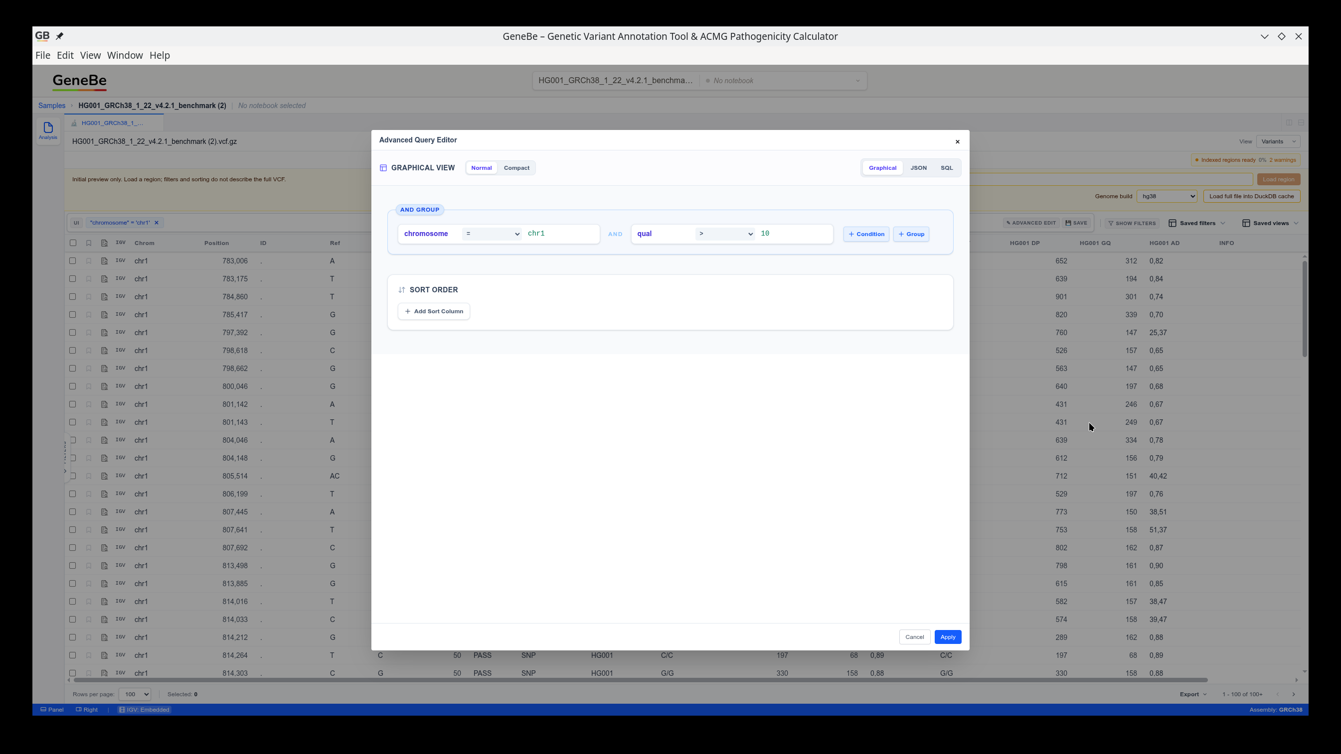 GeneBe Desktop advanced query editor