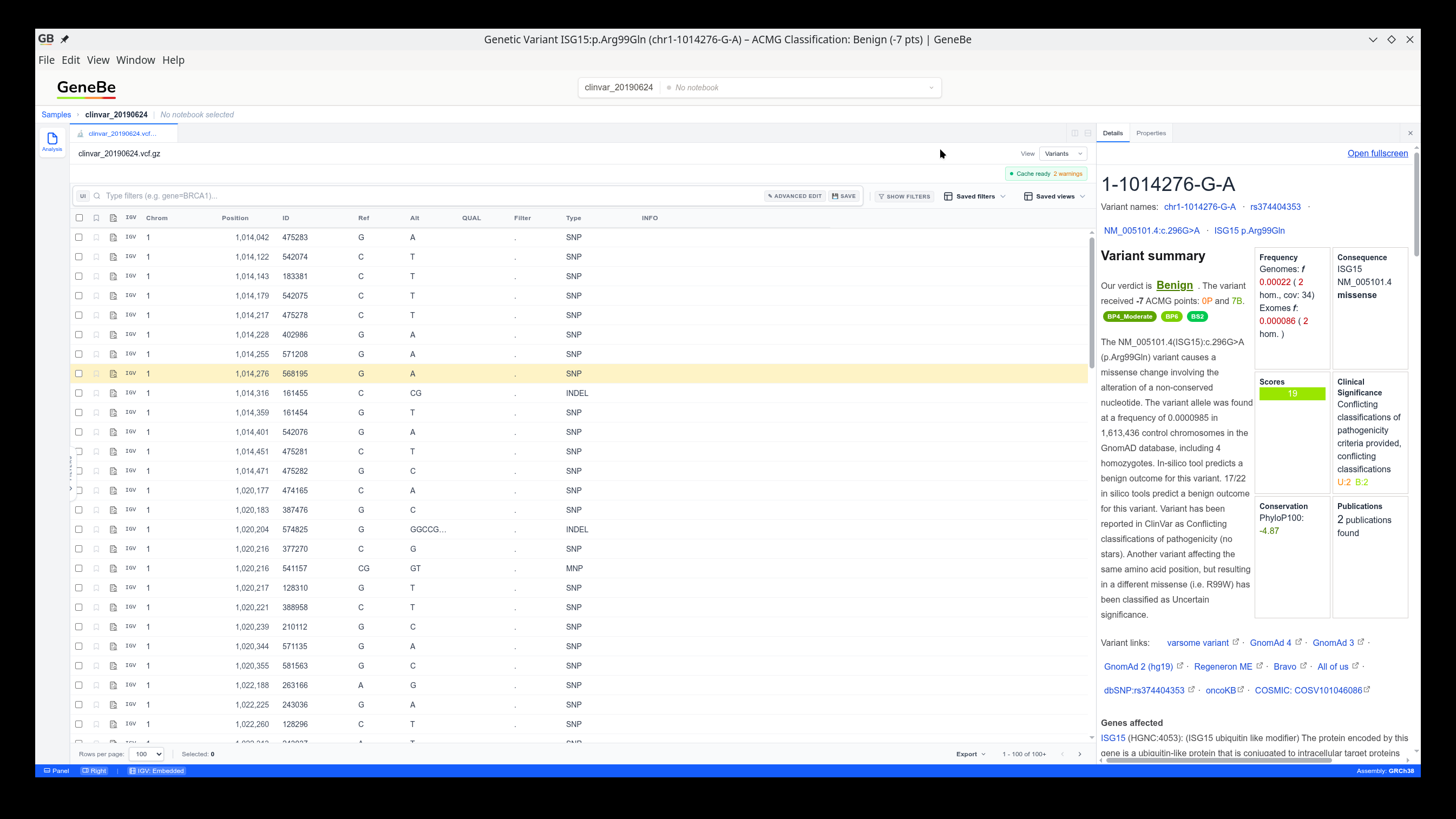 GeneBe Desktop variant details with ACMG and annotation data