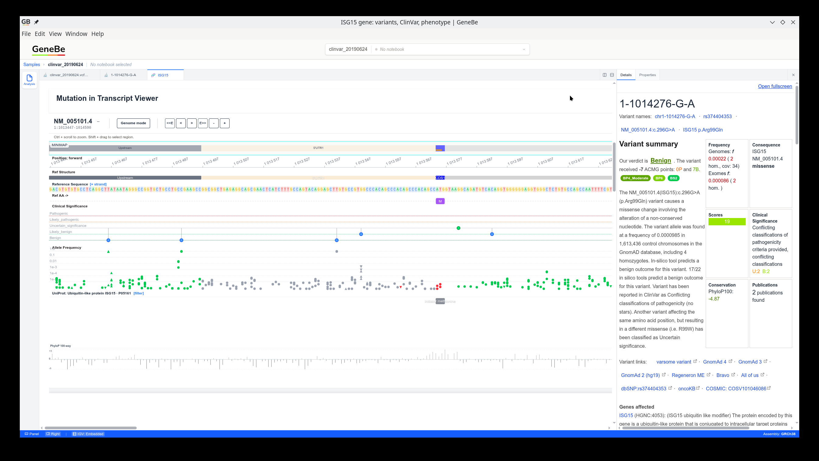 GeneBe Desktop gene and transcript mutation view