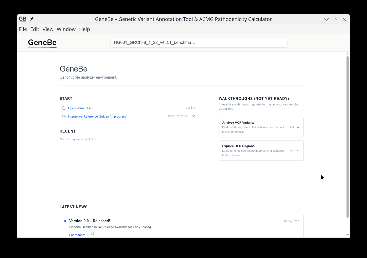 GeneBe Desktop welcome screen